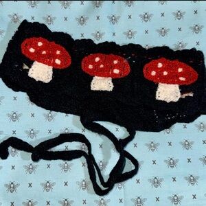 Crochet Mushroom Cottagecore Headband Tieon Black Band Red & White Mushrooms